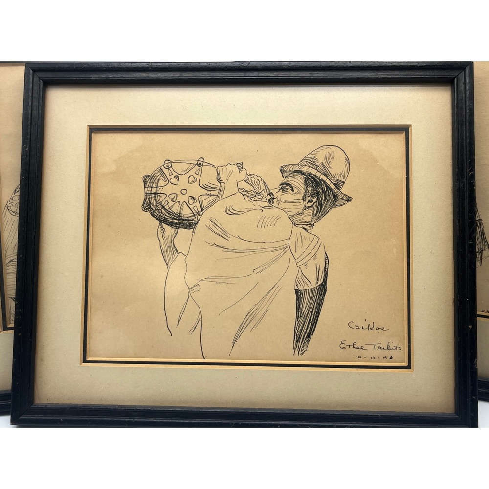 Vintage Orig Ink Drawing Framed Matted 1943 Ethel Trebits cultural garment Folk‎
